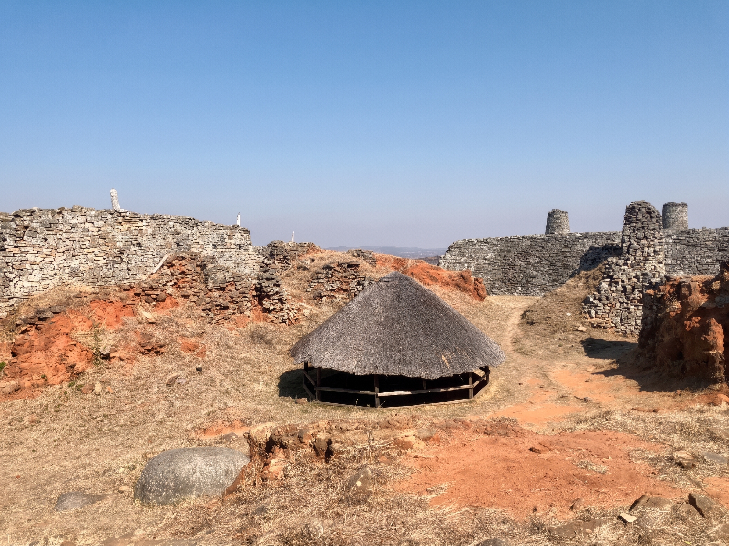 Hill Complex at Great Zimbabwe with thatched huts and balancing rocks