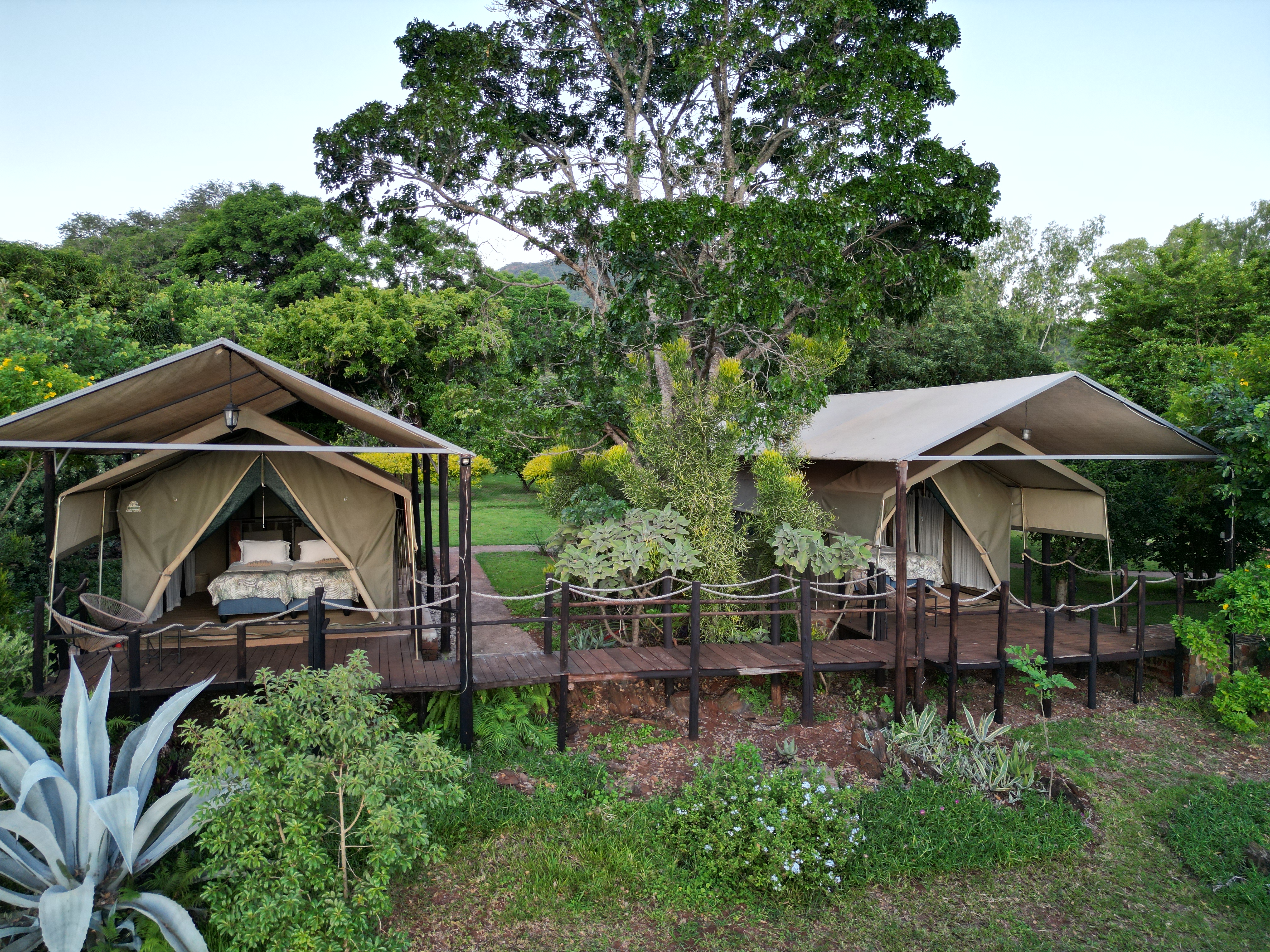Two safari tents linked by a shared deck