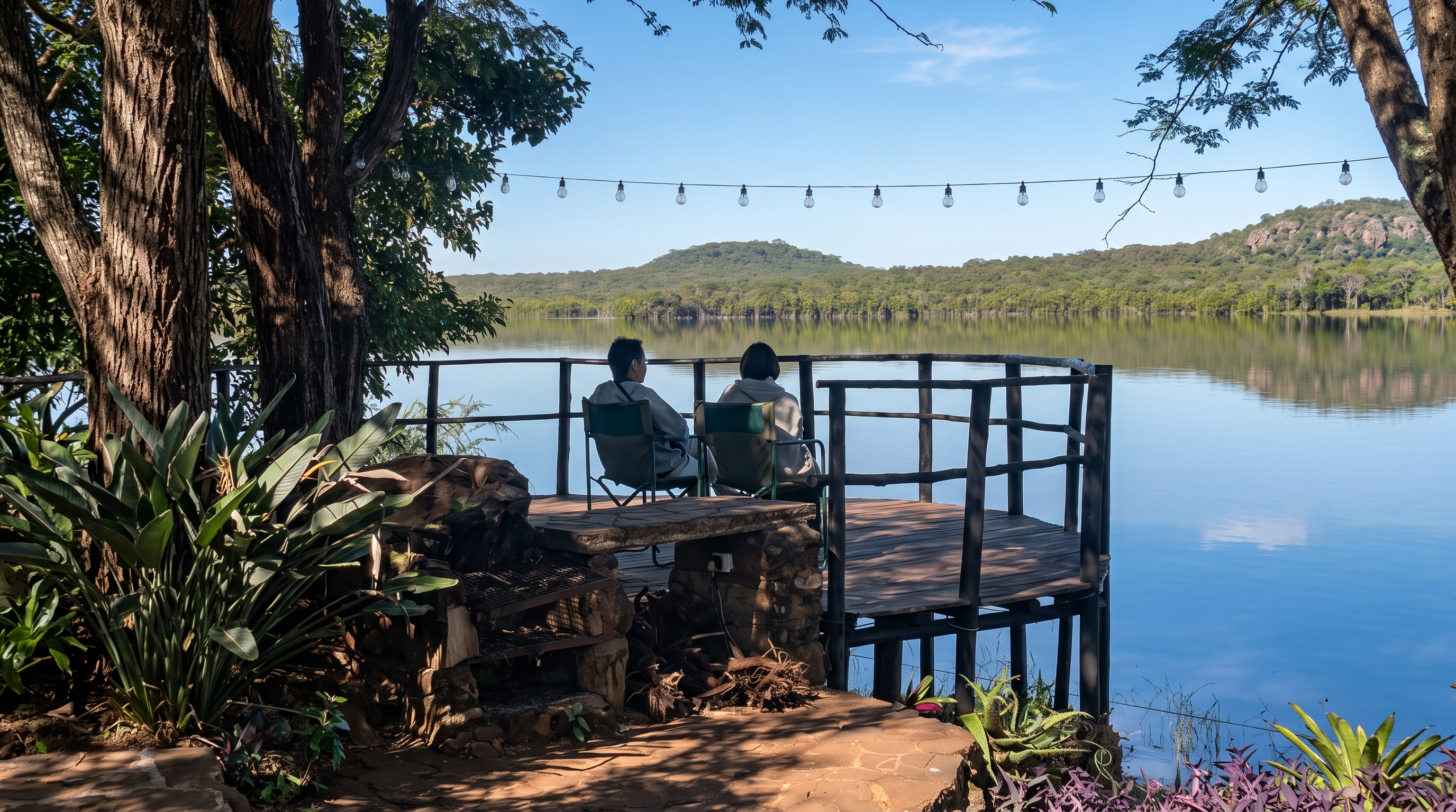 Moonlit deck at Romelda Lakeside Retreat
