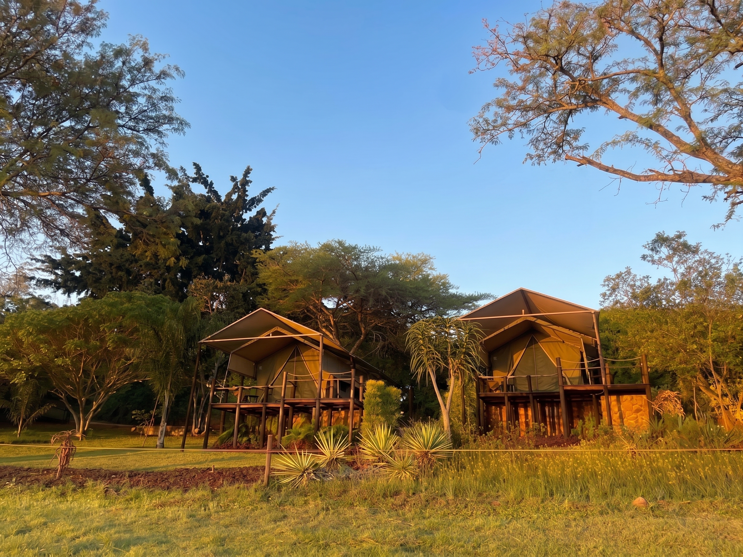 Front view of tents from the lake shore